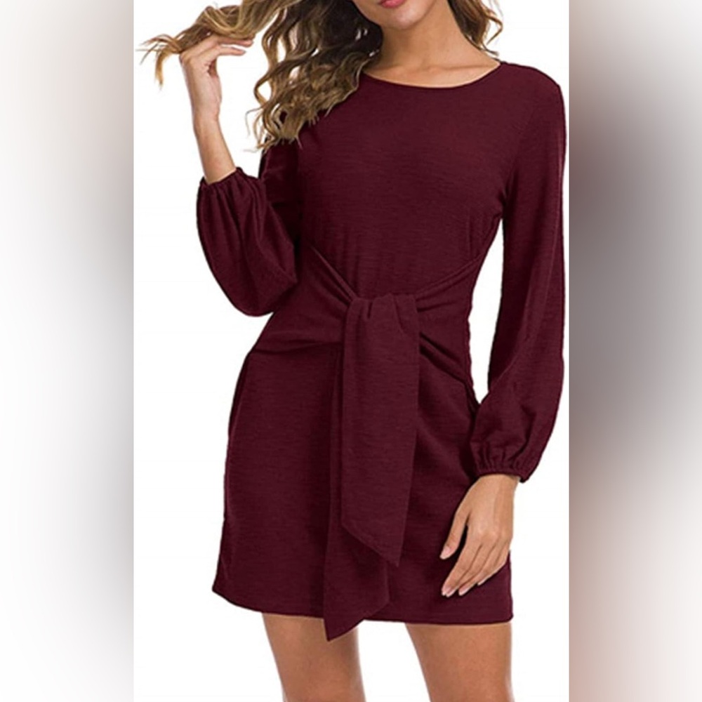 Women's Long Sleeve Tie-Waist Dress in Burgundy